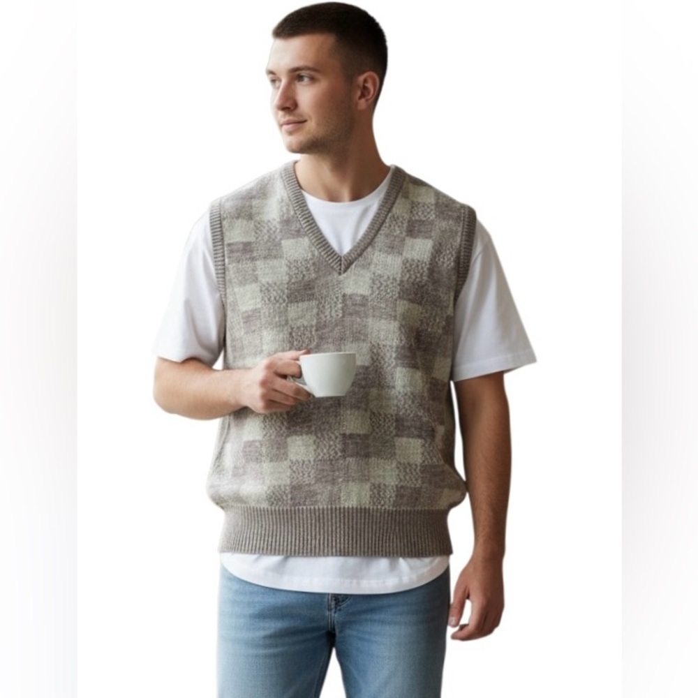 VTG 80’s V Neck Merino Wool Blend Sweater Vest Sz M Tan Check Classic Preppy